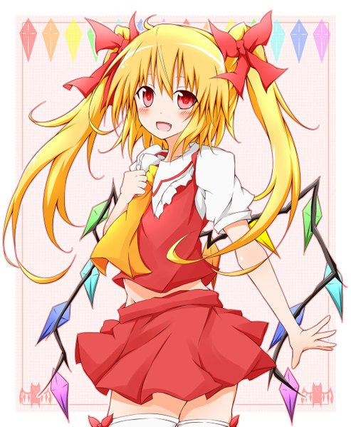 Anime picture 1150x1400 with touhou flandre scarlet karamoneeze single long hair tall image looking at viewer blush open mouth blonde hair red eyes twintails bare belly alternate hairstyle alternate hair length girl thighhighs skirt bow hair bow