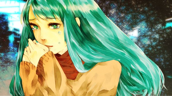 Anime picture 1536x864 with nico nico singer eco (mayoko) single long hair wide image green eyes aqua hair tears portrait girl sweater