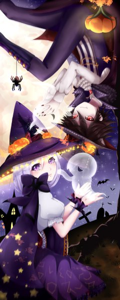 Anime picture 2000x5000 with dragon nest cleric (dragon nest) enchantress lil-pandaa long hair tall image highres short hair black hair red eyes purple eyes holding animal ears purple hair night fang (fangs) night sky turning head halloween ghost
