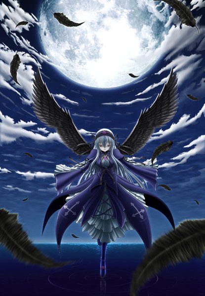 Anime picture 1313x1896 with rozen maiden suigintou ebisu (artist) long hair tall image red eyes silver hair cloud (clouds) weightlessness gothic girl dress wings water hairband moon feather (feathers) cross full moon