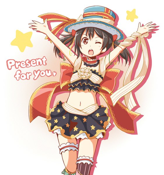 Anime picture 900x960 with love live! school idol project sunrise (studio) love live! yazawa nico onsen (riai) single tall image blush fringe short hair open mouth black hair simple background white background twintails brown eyes one eye closed inscription arms up teeth