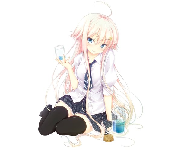 Anime picture 1000x839 with original luna lia long hair looking at viewer blush blue eyes blonde hair white background girl thighhighs skirt black thighhighs miniskirt shirt