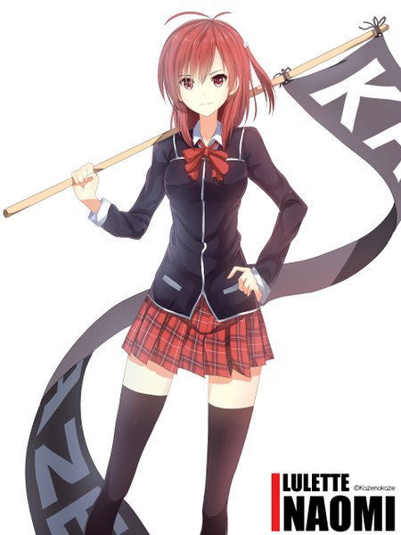 Anime picture 1944x2592 with original riki-to single tall image looking at viewer highres short hair simple background red eyes white background red hair zettai ryouiki girl thighhighs skirt uniform black thighhighs school uniform