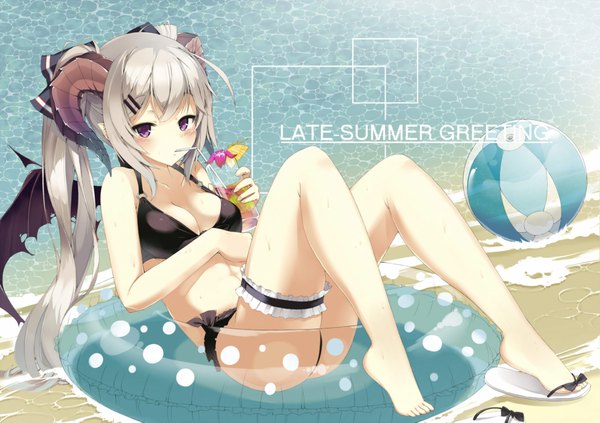 Anime picture 2000x1413 with original yuui hutabakirage single long hair looking at viewer blush highres light erotic sitting twintails brown eyes silver hair barefoot horn (horns) inscription demon girl girl swimsuit bikini water