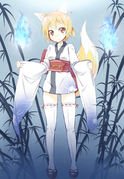 Anime picture 2480x3580 with original ichi makoto single tall image blush highres short hair blonde hair brown eyes animal ears traditional clothes japanese clothes light smile fox ears fox tail girl thighhighs plant (plants) white thighhighs belt