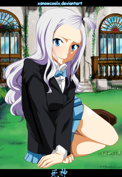 Anime picture 1024x1476 with fairy tail mirajane strauss xsnowcoolx single long hair tall image blue eyes smile ahoge white hair pleated skirt coloring girl skirt uniform plant (plants) school uniform bowtie building (buildings) grass