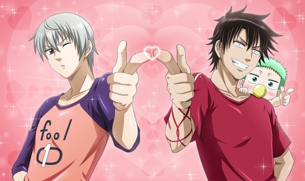 Anime picture 1300x774 with beelzebub studio pierrot oga tatsumi beelzebub iv furuichi takayuki gakuran9517 (artist) blush short hair black hair wide image green eyes silver hair one eye closed green hair wink tattoo grin clothes writing raglan sleeves boy