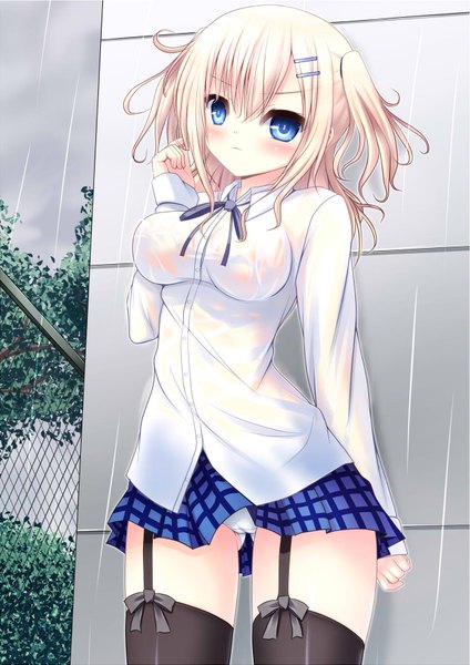 Anime picture 1268x1793 with original nyarumi single long hair tall image blue eyes light erotic white hair pantyshot rain girl thighhighs skirt black thighhighs miniskirt shirt