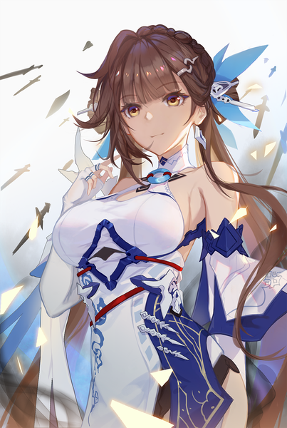 Anime picture 1075x1600 with honkai impact 3rd honkai (series) li sushang li sushang (jade knight) taichi (yirkorn) single long hair tall image fringe breasts simple background smile brown hair large breasts standing twintails bare shoulders yellow eyes blunt bangs girl