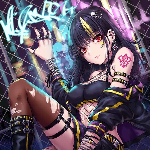 Anime picture 1000x1000 with original sakiyamama single long hair looking at viewer fringe breasts black hair hair between eyes red eyes sitting bare shoulders bent knee (knees) nail polish multicolored hair fingernails off shoulder open jacket two-tone hair official art