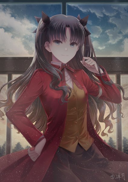 Anime picture 620x877 with fate (series) fate/stay night toosaka rin angel31424 single long hair tall image looking at viewer fringe blue eyes black hair standing signed sky cloud (clouds) outdoors blunt bangs light smile two side up hand on hip