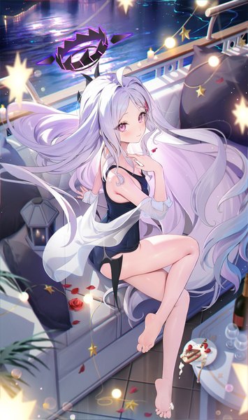 Anime picture 2368x4000 with blue archive hina (blue archive) hina (swimsuit) (blue archive) houkisei single long hair tall image looking at viewer blush highres light erotic smile sitting purple eyes ahoge bent knee (knees) white hair very long hair barefoot horn (horns)