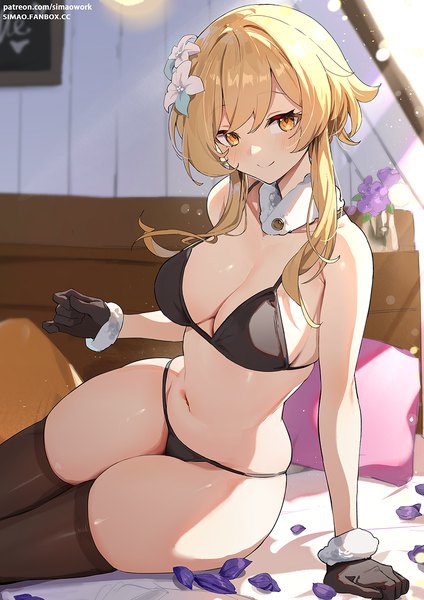 Anime picture 877x1241 with genshin impact lumine (genshin impact) simao (x x36131422) single long hair tall image looking at viewer blush fringe breasts light erotic blonde hair smile hair between eyes large breasts sitting yellow eyes indoors head tilt hair flower