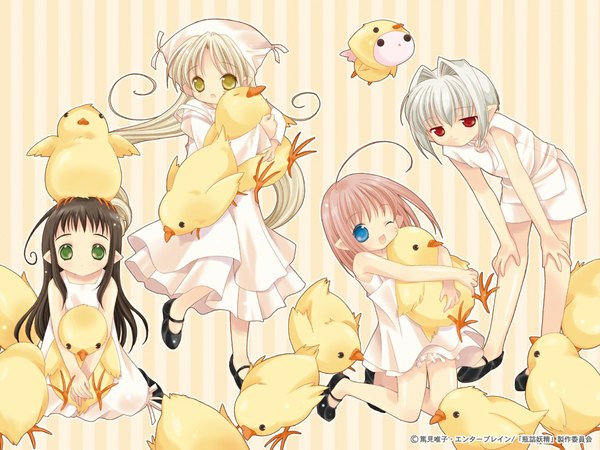 Anime picture 1024x768 with bottle fairy oboro hororo kururu sarara chiriri tokumi yuiko animal bird (birds)