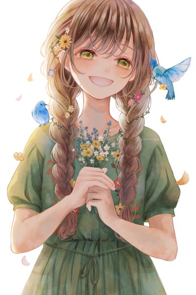 Anime picture 1349x2026 with original ginniroya single long hair tall image open mouth simple background brown hair white background green eyes signed looking away upper body braid (braids) :d hair flower twitter username twin braids animal on shoulder bird on shoulder