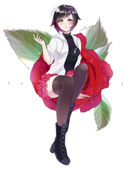 Anime picture 1280x1664 with rwby rooster teeth ruby rose sunnypoppy single tall image looking at viewer short hair black hair simple background white background sitting signed full body parted lips gradient hair lacing silver eyes frilly skirt girl