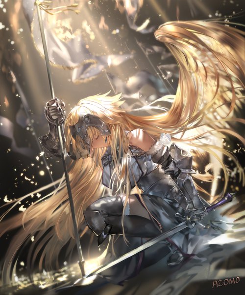 Anime picture 1400x1682 with fate (series) fate/grand order fate/apocrypha jeanne d'arc (fate) (all) jeanne d'arc (fate) azomo single tall image blonde hair holding signed eyes closed very long hair profile blurry dutch angle depth of field fur trim kneeling floating hair