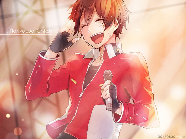 Anime picture 850x638 with ensemble stars! morisawa chiaki tama (songe) single fringe short hair open mouth hair between eyes signed upper body eyes closed sweat character names dated light ^ ^ salute boy gloves fingerless gloves