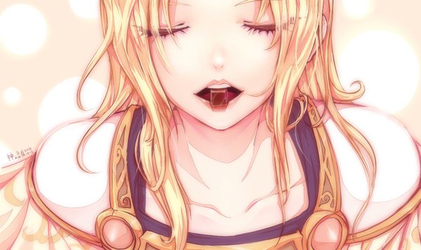 Anime picture 1600x950 with league of legends lux (league of legends) beanbean1988 single long hair open mouth blonde hair wide image eyes closed close-up girl food sweets chocolate
