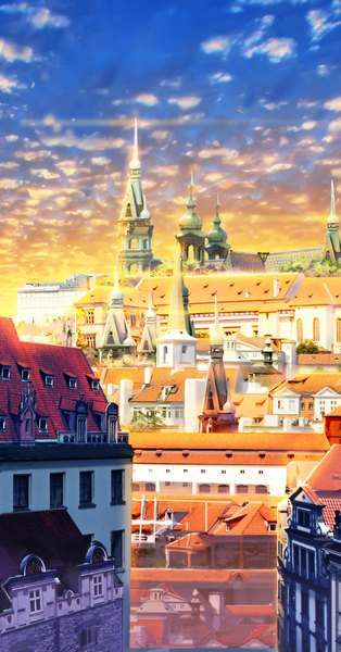 Anime picture 524x1000 with original zonmin tall image sky sunlight no people sunbeam window building (buildings) tower roof