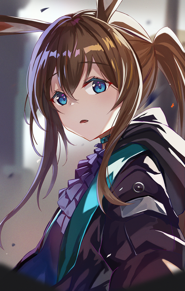 Anime picture 762x1200 with arknights amiya (arknights) derby (dabidabi) single long hair tall image looking at viewer blush fringe open mouth blue eyes hair between eyes brown hair standing animal ears payot upper body ponytail blurry bunny ears