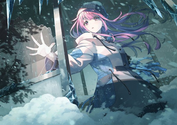 Anime picture 1600x1131 with original koh rd single long hair blush fringe open mouth standing looking away pink hair long sleeves pink eyes wind from below snowing winter snow broken glass girl window