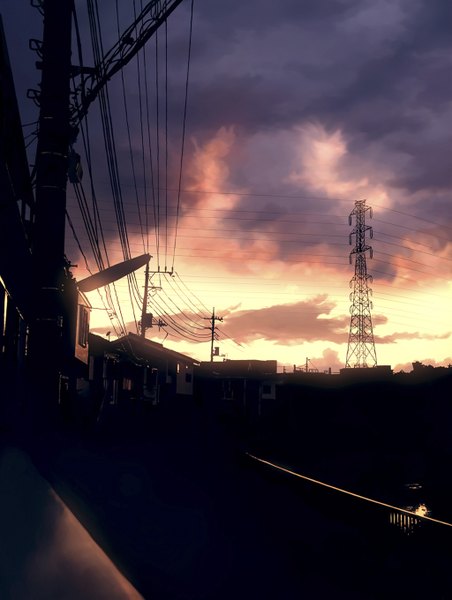 Anime picture 1024x1360 with original kochi (artist) tall image sky cloud (clouds) evening sunset scenic building (buildings) wire (wires) lamppost