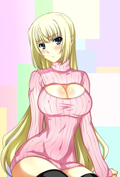 Anime picture 980x1450 with madan no ou to vanadis limlisha kenken single long hair tall image looking at viewer blush breasts blue eyes light erotic blonde hair large breasts girl thighhighs black thighhighs sweater turtleneck open-chest turtleneck