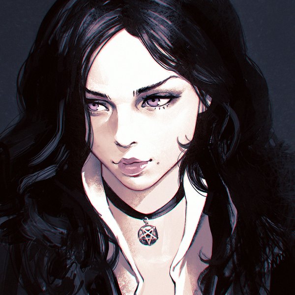 Anime picture 900x900 with the witcher 3 wild hunt the witcher 2 assassins of kings yennefer of vengerberg ilya kuvshinov single long hair black hair simple background purple eyes looking away lips realistic mole portrait dark background pale skin mole under mouth girl choker pendant