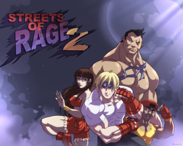 Anime picture 1280x1024 with bare knuckle bare knuckle iv blaze fielding axel stone scate hunter max thunder long hair short hair black hair blonde hair cloud (clouds) multiple boys scar muscle girl boy gloves shorts fingerless gloves moon