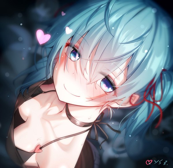 Anime picture 850x828 with vocaloid hatsune miku qys3 single long hair looking at viewer blush fringe breasts blue eyes light erotic smile hair between eyes large breasts signed payot blue hair cleavage from above blurry