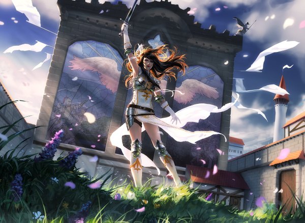 Anime picture 1280x935 with original johannes voss brown hair sky cloud (clouds) wind angel wings girl gloves plant (plants) petals sword armor building (buildings) grass cross