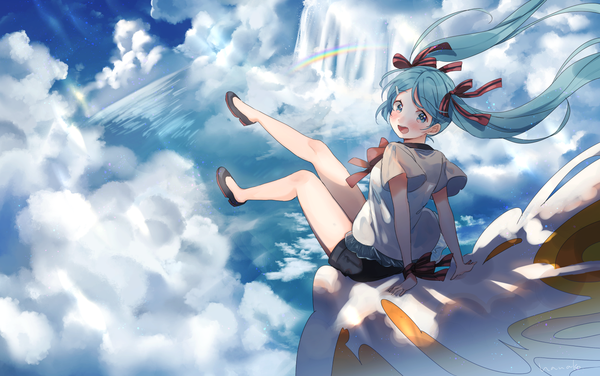 Anime picture 1596x1002 with vocaloid sekiranun graffiti (vocaloid) hatsune miku hanako151 single long hair blush open mouth sitting twintails cloud (clouds) full body looking back aqua eyes from above wind aqua hair arm support turning head happy