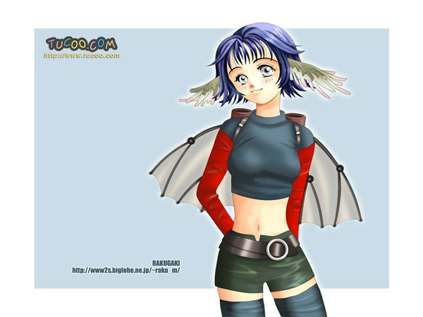 Anime picture 1024x768 with short hair blue eyes blue hair bare belly hands behind back head wings skin tight girl thighhighs wings belt crop top rakugaki