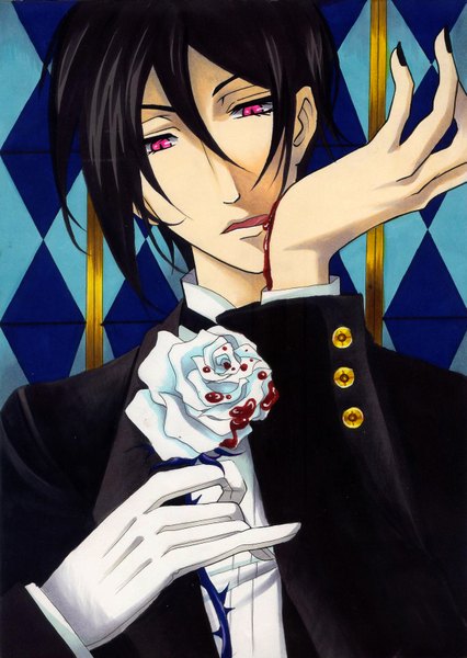 Anime picture 1233x1738 with kuroshitsuji a-1 pictures sebastian michaelis single tall image short hair black hair red eyes nail polish butler boy gloves flower (flowers) blood suit white rose