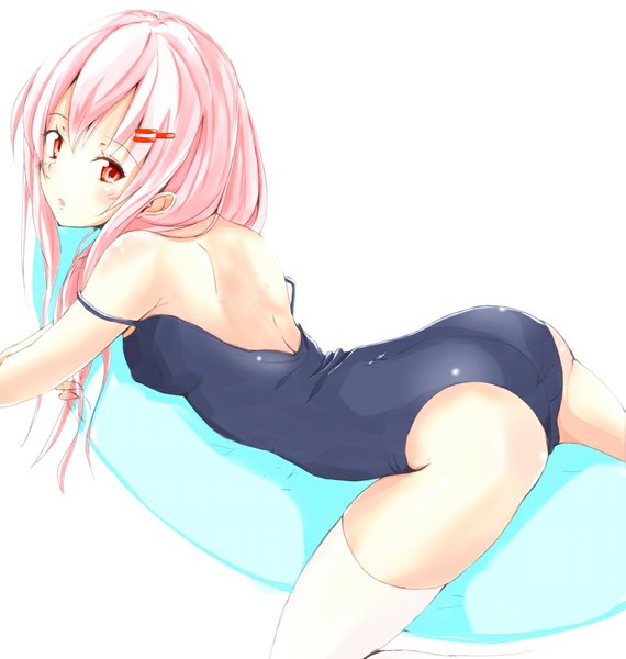 Anime picture 1024x1078 with guilty crown production i.g yuzuriha inori weeeeen (artist) single long hair tall image looking at viewer light erotic simple background red eyes white background pink hair looking back girl thighhighs hair ornament swimsuit white thighhighs hairclip