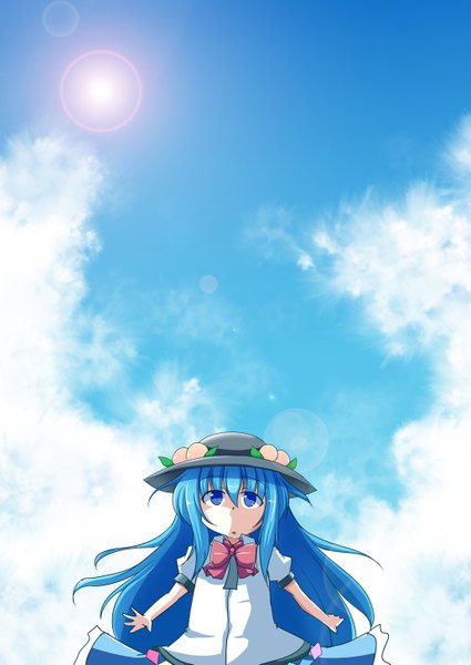 Anime picture 1032x1457 with touhou hinanawi tenshi haruto (hirokazu1001) single long hair tall image blue eyes blue hair sky cloud (clouds) sunlight girl hat food fruit peach