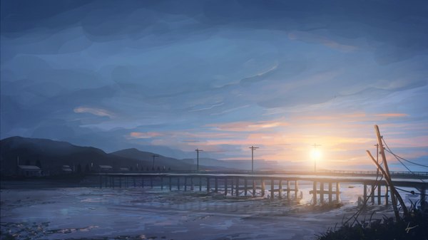 イラスト 1920x1080 と オリジナル 二個 highres wide image signed 空 壁紙 no people landscape scenic river 夕暮れ 太陽 橋 送電線