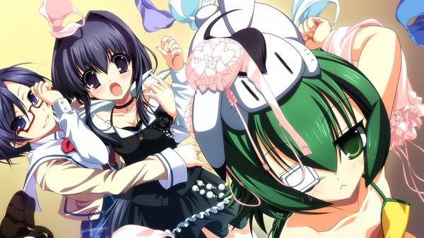 Anime picture 1024x576 with uni. special limited edition (game) open mouth blue eyes light erotic black hair wide image purple eyes multiple girls green eyes game cg green hair girl underwear panties glasses 3 girls