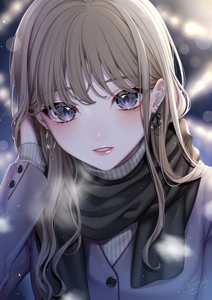 Anime picture 827x1169 with original ca yu single long hair tall image blush blonde hair purple eyes upper body parted lips piercing ear piercing exhalation girl earrings scarf