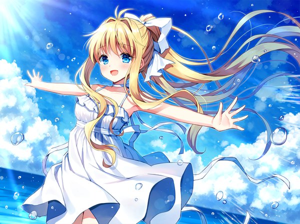 Anime picture 1310x980 with air key (studio) kamio misuzu mauve single blush open mouth blue eyes blonde hair payot sky cloud (clouds) ahoge outdoors ponytail very long hair :d wind sunlight spread arms