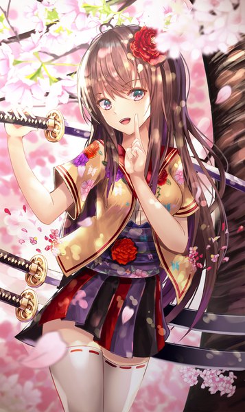 Anime picture 1300x2184 with original cup6542 single long hair tall image looking at viewer blush fringe breasts open mouth smile hair between eyes brown hair standing purple eyes holding traditional clothes :d japanese clothes pleated skirt