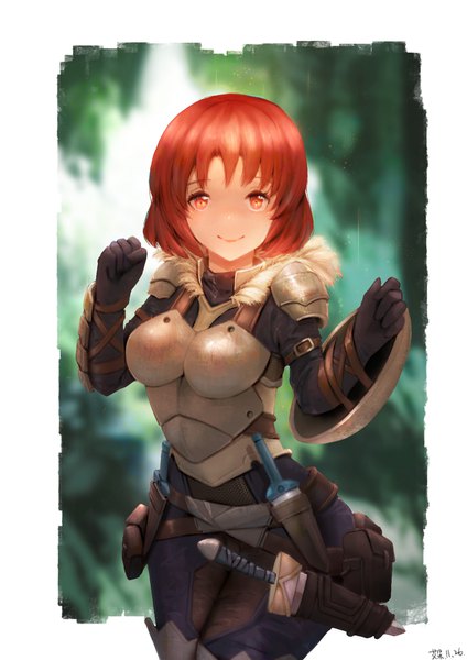Anime picture 1240x1754 with goblin slayer! cow girl (goblin slayer!) aduo single tall image looking at viewer blush fringe short hair breasts smile hair between eyes red eyes large breasts standing signed outdoors red hair fur trim border