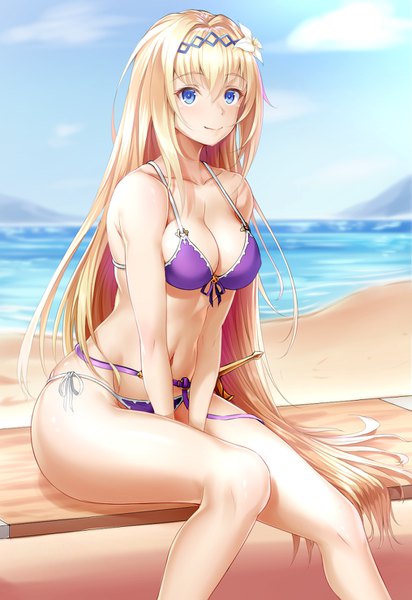 Anime picture 1015x1476 with granblue fantasy jeanne d'arc (granblue fantasy) zuizhong single tall image fringe breasts blue eyes light erotic blonde hair hair between eyes large breasts sitting sky very long hair beach between thighs girl swimsuit bikini