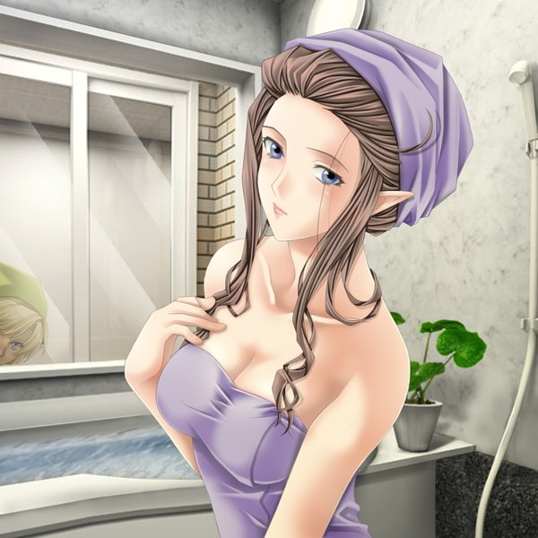 Anime picture 1600x1600 with the legend of zelda the legend of zelda: twilight princess nintendo princess zelda link tamamon short hair blue eyes light erotic brown hair pointy ears naked towel girl window towel