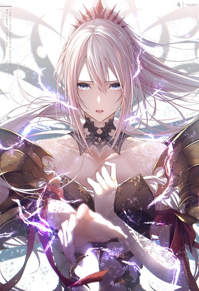 Anime picture 1159x1700 with tales of (series) tales of arise shionne (tales) yoaferia single long hair tall image looking at viewer fringe blue eyes hair between eyes payot pink hair upper body ponytail outstretched hand girl armor