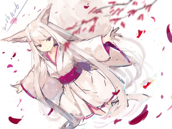 Anime picture 800x600 with original yuuji (yukimimi) single looking at viewer simple background red eyes white background signed animal ears white hair tail very long hair traditional clothes japanese clothes animal tail from above light smile wide sleeves fox ears dated