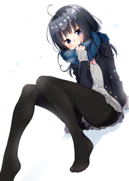 Anime-Bild 1191x1670 mit original sakuragi ren single long hair tall image looking at viewer blush fringe blue eyes black hair simple background white background sitting ahoge long sleeves pleated skirt arm support no shoes exhalation covered mouth