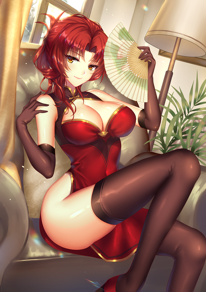 Anime picture 868x1228 with honkai impact 3rd benghuai xueyuan honkai (series) murata himeko mallizmora single long hair tall image looking at viewer fringe breasts light erotic red eyes large breasts sitting holding red hair indoors traditional clothes arm up