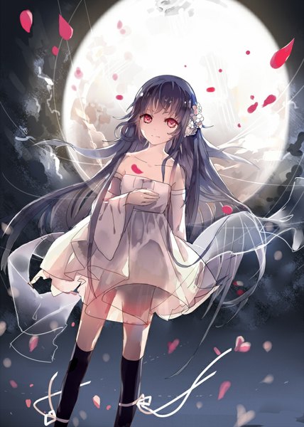 Anime picture 713x1000 with original fre single long hair tall image black hair smile red eyes standing bare shoulders blue hair cloud (clouds) hair flower wind night night sky girl dress hair ornament flower (flowers)